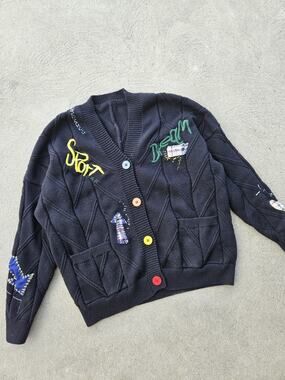 Ebossy Patchwork Knit Cardigan Sweater Black Chunky Colorful Button Embroidered